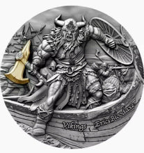 Load image into Gallery viewer, Eric Bloodaxe Vikings 2 oz Antique finish Silver Coin 5$ Niue 2020