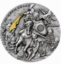 Load image into Gallery viewer, Niue 2019 Chinggis Khaan 2 oz .999 high relief antique finish W/guilded gold