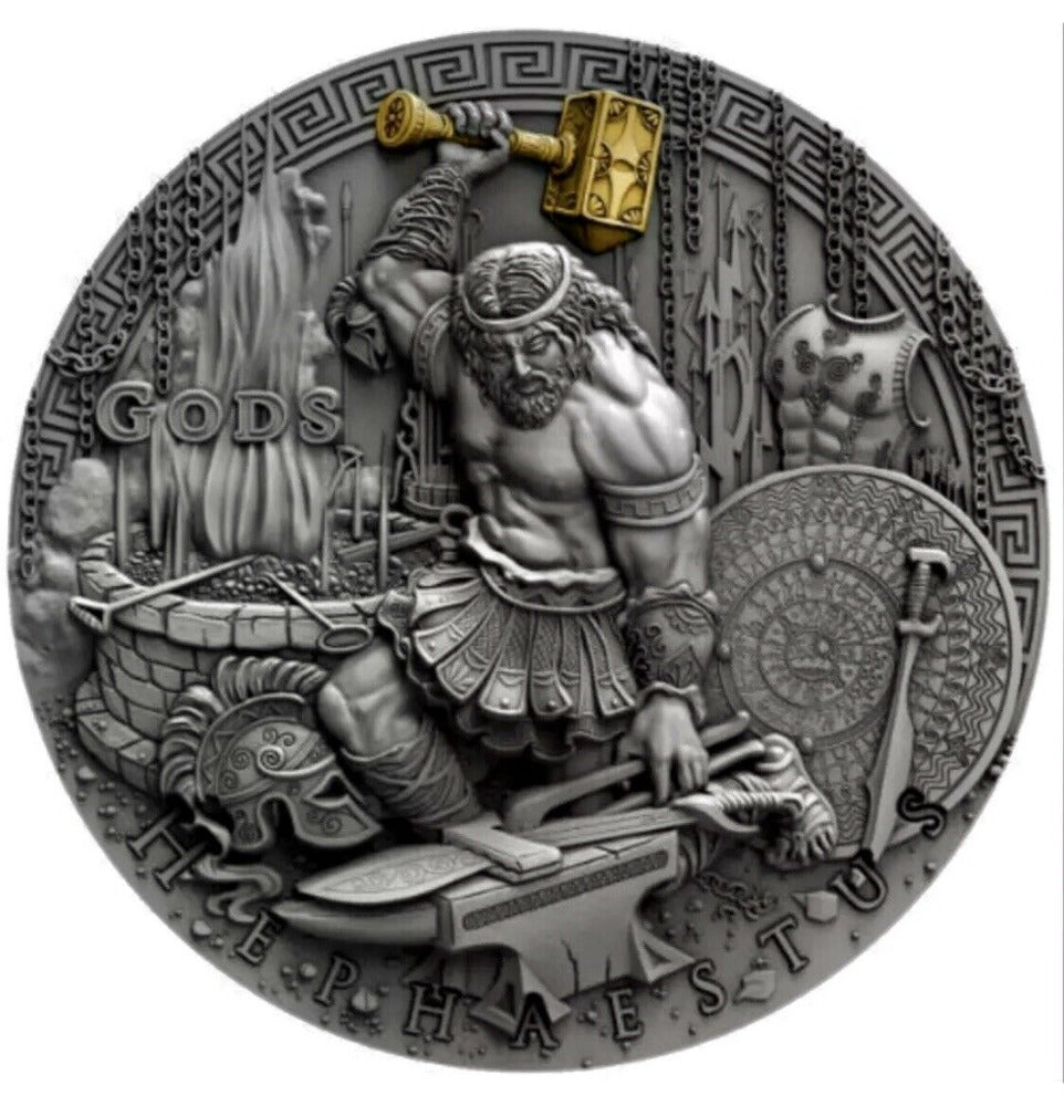 HEPHAESTUS GREEK GODS 2019 2 OZ PURE ULTRA HIGH RELIEF SILVER COIN NIUE BOX/COA