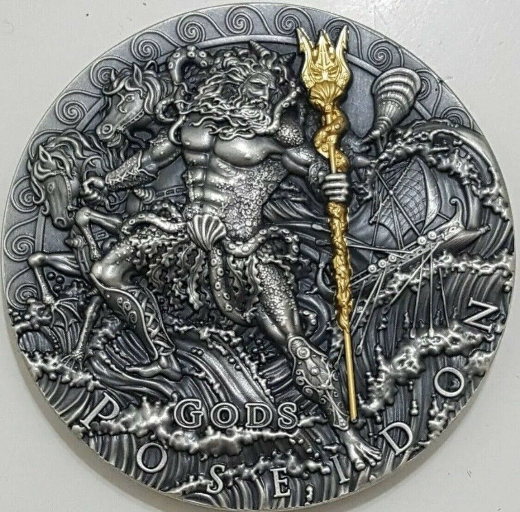 Niue Island 2018 POSEIDON GOD OF SEA series GODS $2 Silver Coin Gold plated 2 oz